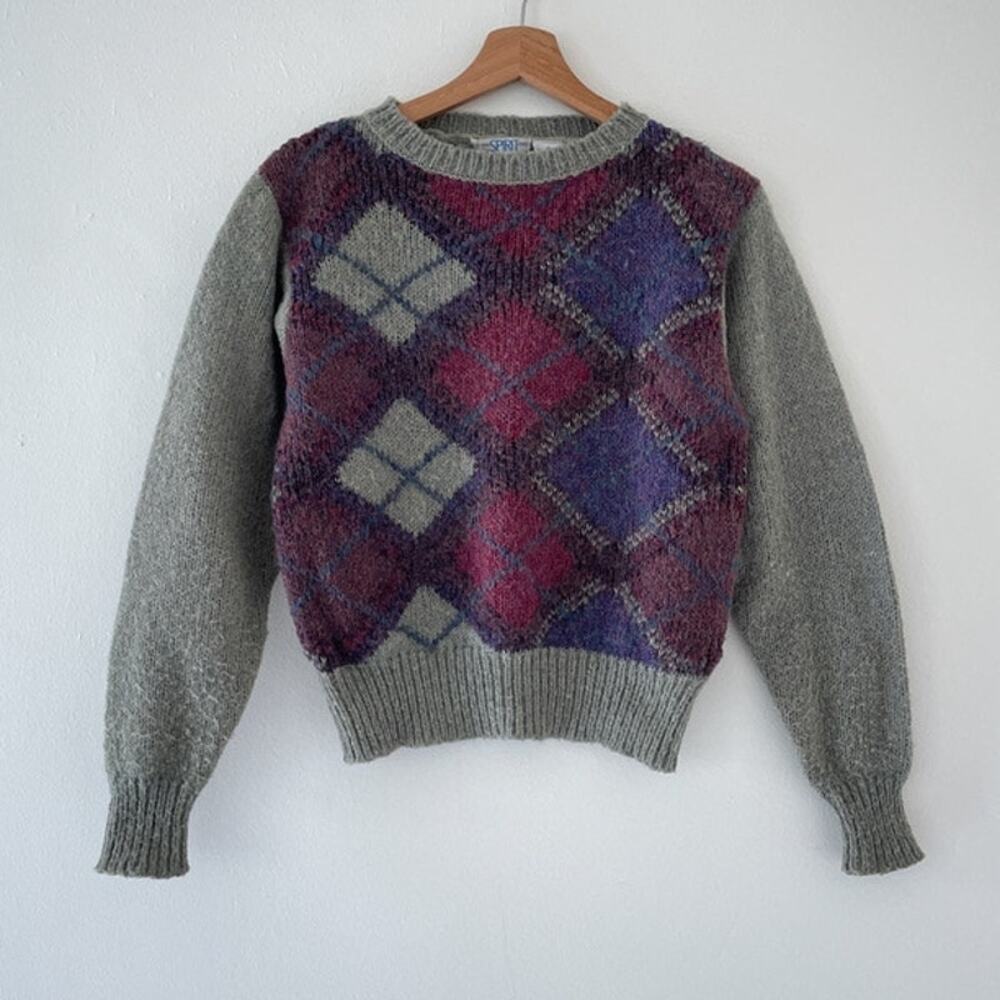 Vtg 80's SPIRIT Argyle Plaid Knit Pullover Sweater Sz S Grunge Punk Retro
